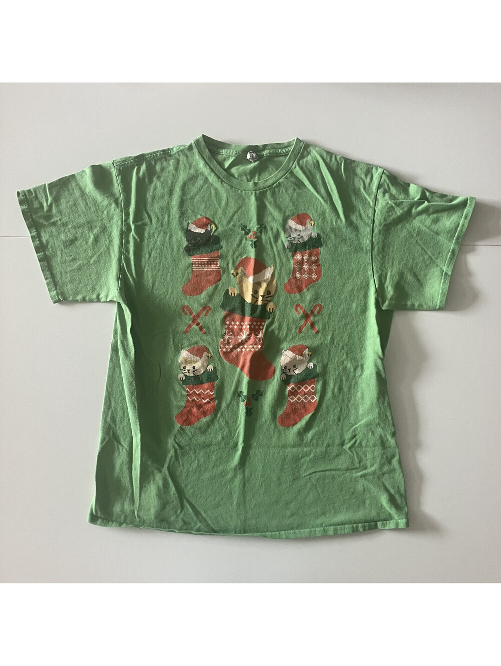 Vintage Kitty Cat Stocking Tee Shirt Pixel Graphic Christmas Sz Large